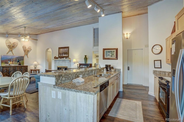 965 Four Oclock Rd, Breckenridge, CO 80424 - kitchen featuring a tile fireplace, appliances with stainless steel finishes, a ceiling fan, arched walkways, and rail lighting