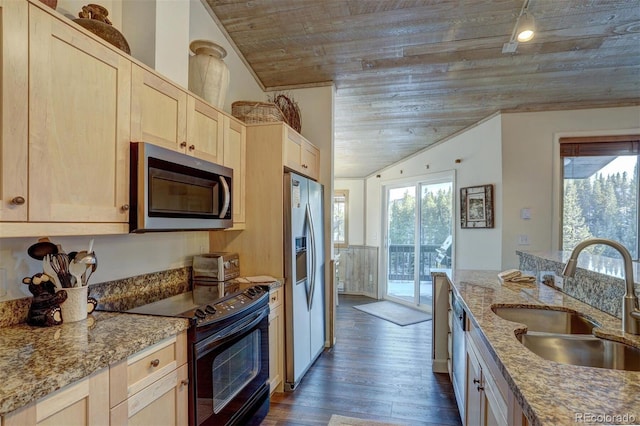 965 Four Oclock Rd, Breckenridge, CO 80424 - kitchen with appliances with stainless steel finishes, wooden ceiling, lofted ceiling, light brown cabinets, and dark wood-style floors