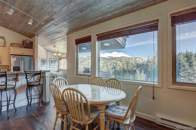 965 Four Oclock Rd, Breckenridge, CO 80424 - dining room with a baseboard radiator, track lighting, wood ceiling, dark wood-type flooring, and a chandelier
