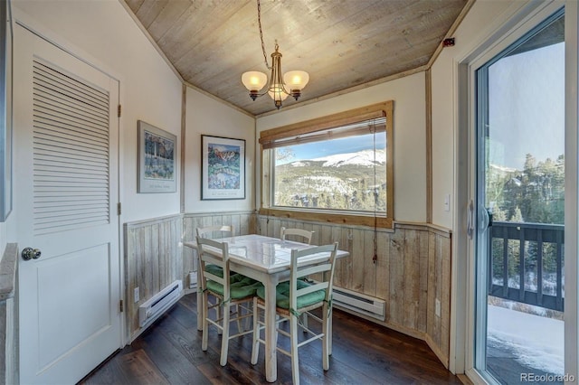 965 Four Oclock Rd, Breckenridge, CO 80424 - dining space with wood ceiling, a wainscoted wall, a chandelier, crown molding, and a baseboard radiator