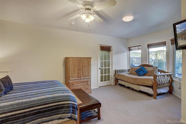 965 Four Oclock Rd, Breckenridge, CO 80424 - bedroom featuring light carpet, access to exterior, and ceiling fan