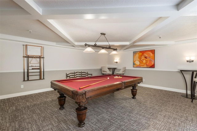 recreation room with beamed ceiling, baseboards, and carpet floors