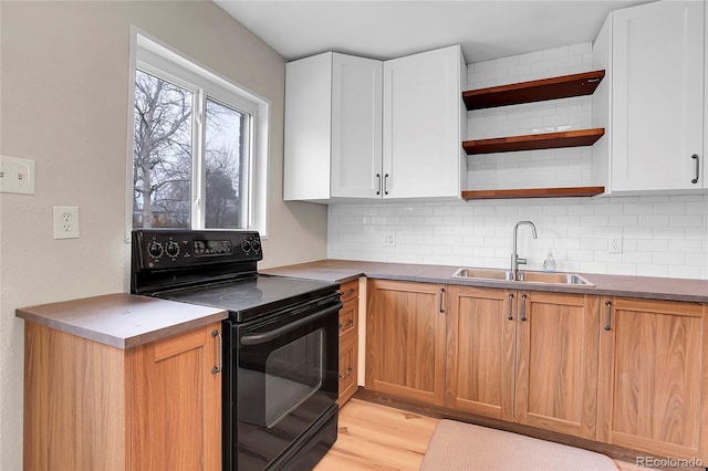 kitchen featuring brown cabinets, black range with electric cooktop, white cabinets, and a sink