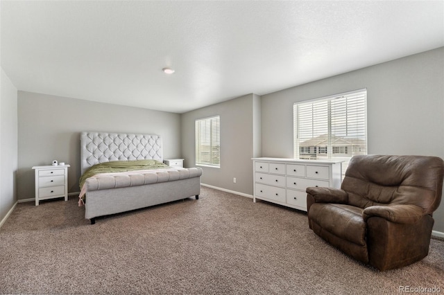 bedroom featuring multiple windows, baseboards, and carpet flooring