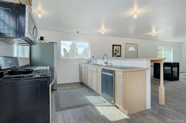 18340 S Lake Rd, Buena Vista, CO 81211 - kitchen with stainless steel appliances, a sink, light wood-type flooring, and healthy amount of natural light