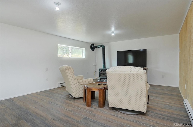 18340 S Lake Rd, Buena Vista, CO 81211 - living area with a wood stove, a baseboard radiator, dark wood finished floors, baseboard heating, and baseboards