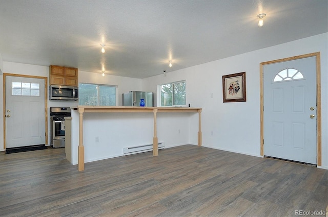 18340 S Lake Rd, Buena Vista, CO 81211 - kitchen featuring appliances with stainless steel finishes, baseboard heating, dark wood-type flooring, and plenty of natural light