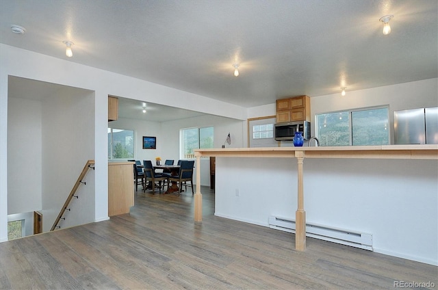 18340 S Lake Rd, Buena Vista, CO 81211 - kitchen with stainless steel microwave, a baseboard heating unit, wood finished floors, and light countertops