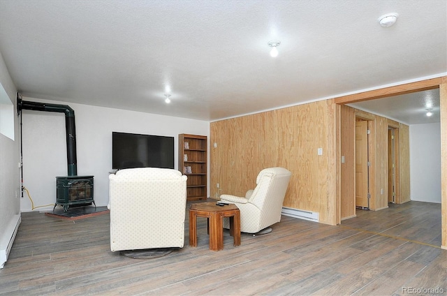 18340 S Lake Rd, Buena Vista, CO 81211 - sitting room featuring a baseboard heating unit, wood finished floors, and a wood stove