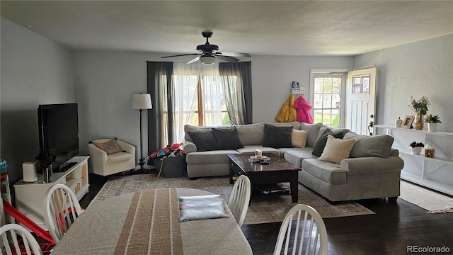living area featuring a ceiling fan and wood finished floors