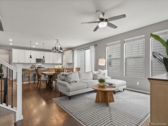 5716 Boston Ct, Denver, CO 80238 - living room with a ceiling fan, dark wood-style floors, recessed lighting, and baseboards