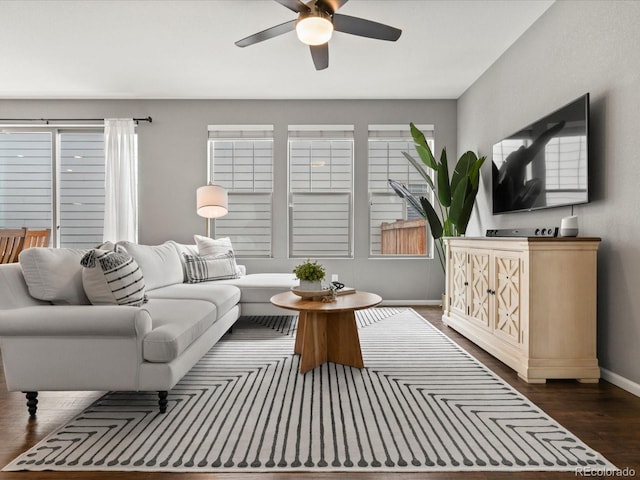 5716 Boston Ct, Denver, CO 80238 - living room with baseboards, a ceiling fan, dark wood-style floors, and plenty of natural light