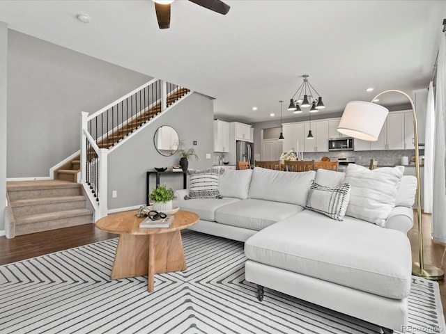 5716 Boston Ct, Denver, CO 80238 - living room featuring stairway, ceiling fan, recessed lighting, wood finished floors, and baseboards