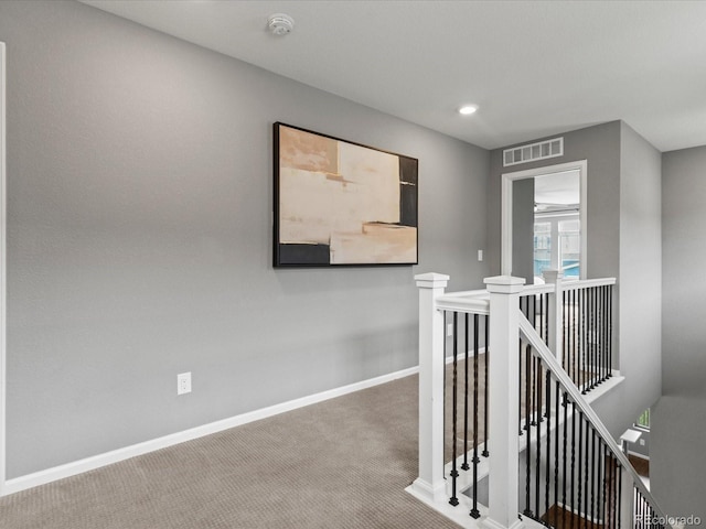 5716 Boston Ct, Denver, CO 80238 - hallway with an upstairs landing, baseboards, carpet, and recessed lighting