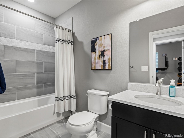5716 Boston Ct, Denver, CO 80238 - full bath with vanity, toilet, shower / bath combo with shower curtain, baseboards, and marble look tile flooring