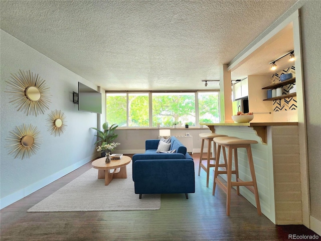 living room featuring hardwood / wood-style flooring, a textured ceiling, and track lighting