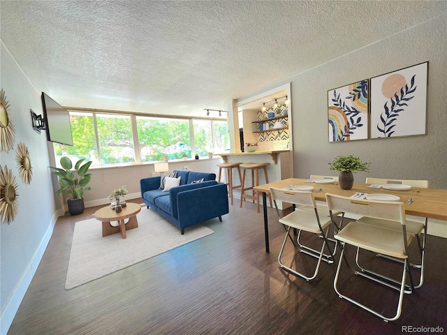 living room featuring a textured ceiling and hardwood / wood-style flooring