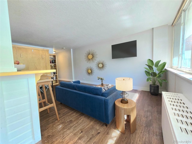 living room featuring dark hardwood / wood-style flooring and a textured ceiling