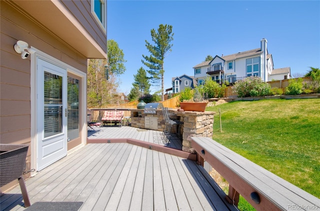 9688 Chesapeake St, Highlands Ranch, CO 80126 - wooden terrace with a fenced backyard, a yard, exterior kitchen, and a residential view