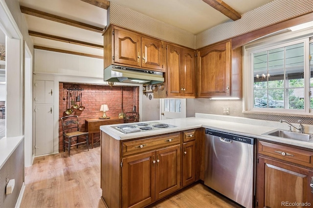 3225 S Race St, Englewood, CO 80113 - kitchen featuring dishwasher, under cabinet range hood, white electric cooktop, light wood-style floors, and brown cabinets