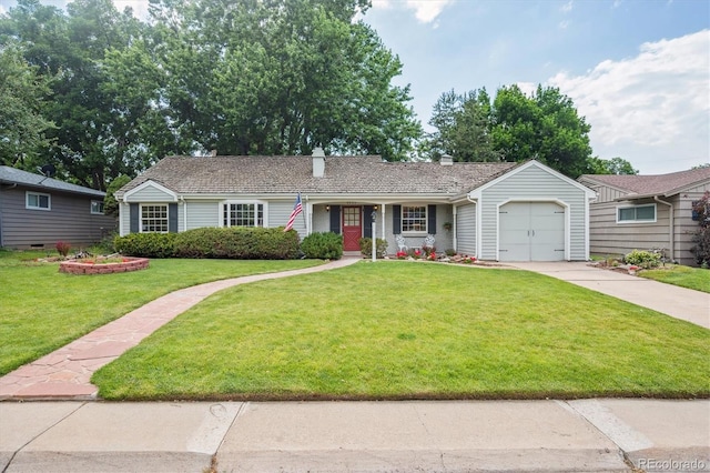 3225 S Race St, Englewood, CO 80113 - ranch-style house featuring a front yard, a garage, driveway, a chimney, and covered porch