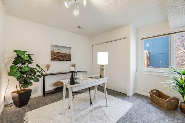 carpeted office with a textured ceiling