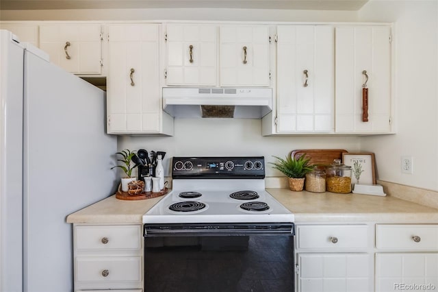 kitchen with white cabinets and white appliances