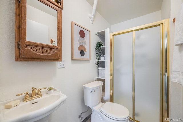 bathroom with sink, a shower with door, and toilet