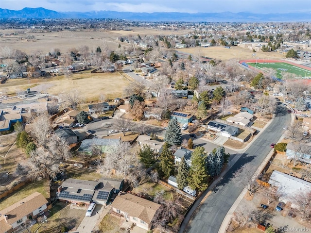 drone / aerial view featuring a mountain view