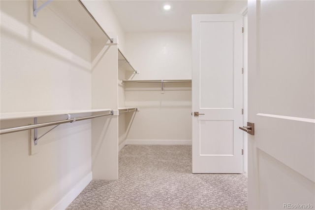 walk in closet with light colored carpet