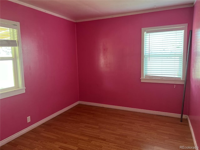 unfurnished room featuring wood-type flooring and ornamental molding