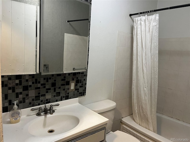 full bathroom with vanity, toilet, shower / bath combination with curtain, and decorative backsplash