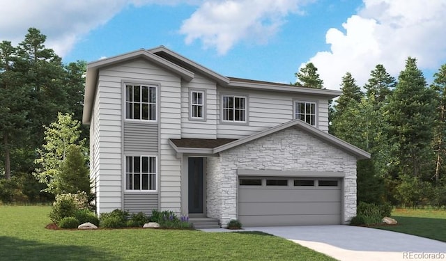 traditional-style house with stone siding, an attached garage, concrete driveway, and a front yard