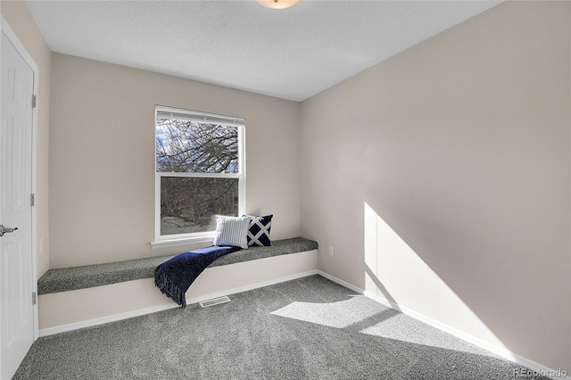 interior space featuring a textured ceiling, carpet floors, visible vents, and baseboards