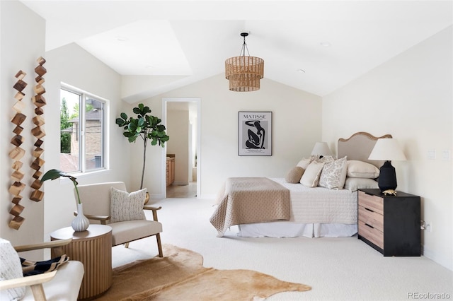 538 Cook St, Denver, CO 80206 - carpeted bedroom featuring a chandelier and vaulted ceiling