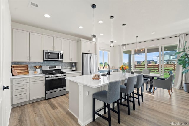 21 N Edge Cliff St, Castle Rock, CO 80104 - kitchen featuring appliances with stainless steel finishes, light wood-style flooring, a sink, backsplash, and light countertops