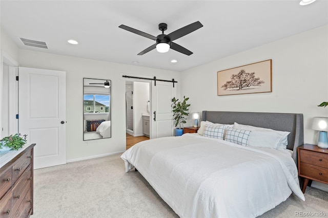 21 N Edge Cliff St, Castle Rock, CO 80104 - bedroom with a barn door, light carpet, baseboards, recessed lighting, and a ceiling fan