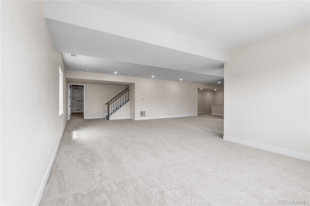 7392 Timberstone St, Castle Pines, CO 80108 - unfurnished living room with carpet floors, stairway, recessed lighting, and baseboards