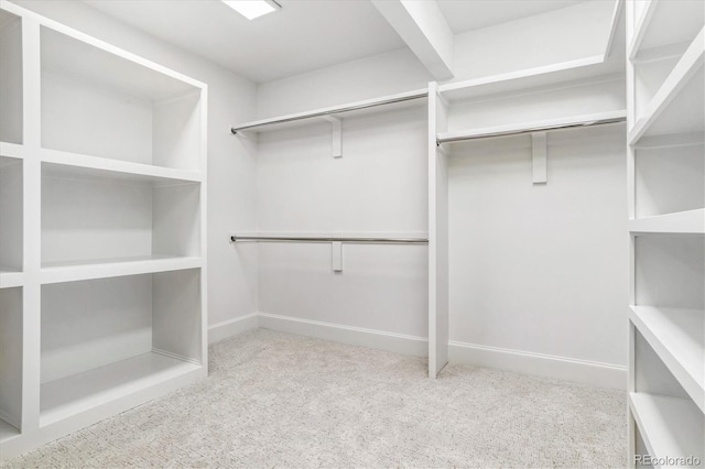 walk in closet featuring light colored carpet