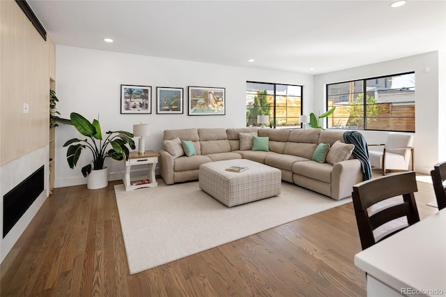 living area featuring a fireplace, recessed lighting, and dark wood-type flooring
