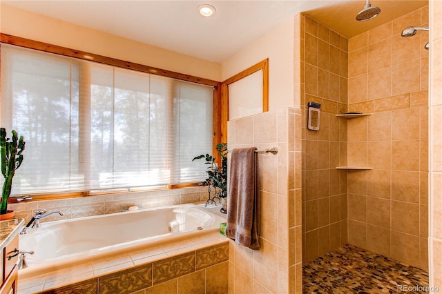 bathroom with shower with separate bathtub