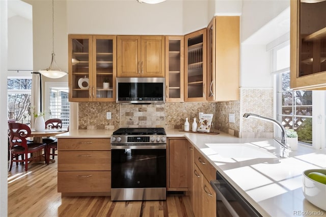 kitchen with appliances with stainless steel finishes, backsplash, decorative light fixtures, light hardwood / wood-style flooring, and sink