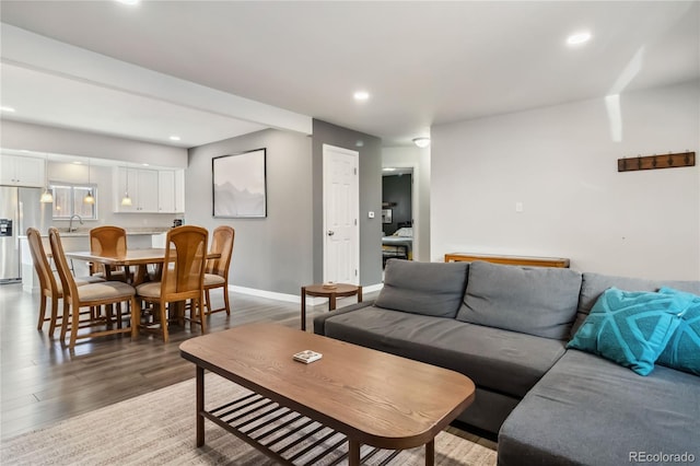 living room with dark wood-type flooring and sink