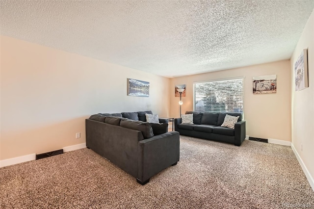 carpeted living room with a textured ceiling