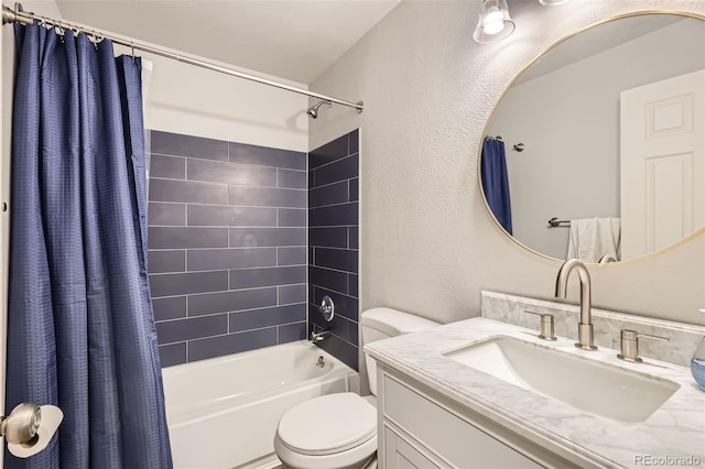 full bathroom with shower / bath combination with curtain, toilet, and vanity