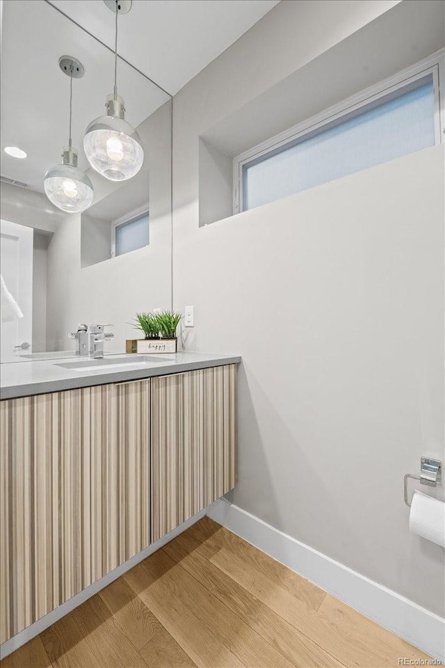 bathroom with hardwood / wood-style flooring and vanity