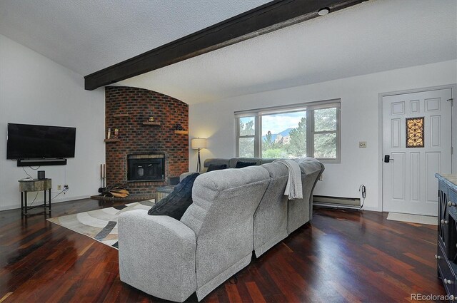30600 County Road 371, Buena Vista, CO 81211 - living room with dark wood finished floors, a brick fireplace, and a baseboard heating unit