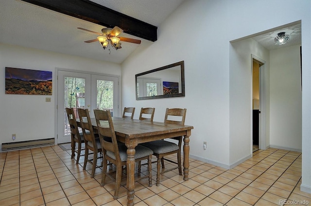 30600 County Road 371, Buena Vista, CO 81211 - dining space with baseboard heating, ceiling fan, french doors, light tile patterned floors, and a textured ceiling