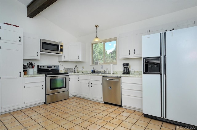 30600 County Road 371, Buena Vista, CO 81211 - kitchen featuring stainless steel appliances, white cabinets, decorative light fixtures, and light stone counters