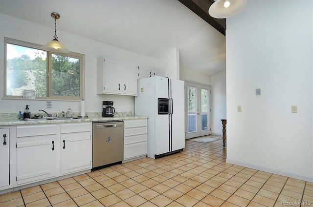 30600 County Road 371, Buena Vista, CO 81211 - kitchen featuring stainless steel dishwasher, white fridge with ice dispenser, white cabinets, pendant lighting, and french doors